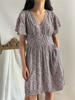 LOFT Red and White Floral V-Neck Dress